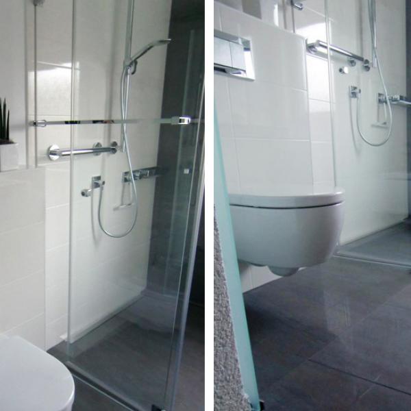 Badmodernisierung in Deizisau Bodengleiche Dusche mit Möbel-Waschtischanlage und Wand-WC